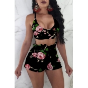 Lovely Sexy U Neck Floral Printed Bow Black Knitti
