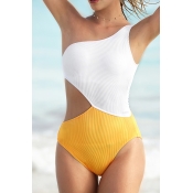 Lovely Sexy Show A Shoulder Patchwork Yellow Nylon