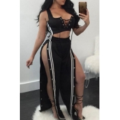 Lovely Stylish U Neck Lace-up Striped Buttons Blac