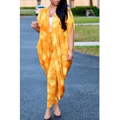 Lovely Sexy V Neck Batwing Sleeves Printing Yellow