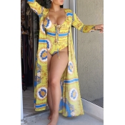 Lovely Sexy Lace-up Printed Yellow One-piece Swimw