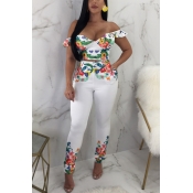 Lovely White Twilled Satin Pants Print V Neck Shor