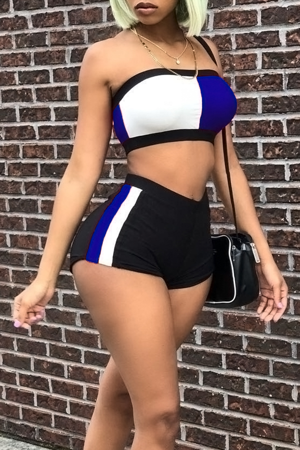 

Lovely Sexy Printed Patchwork Blue Polyester Two-piece Shorts Set