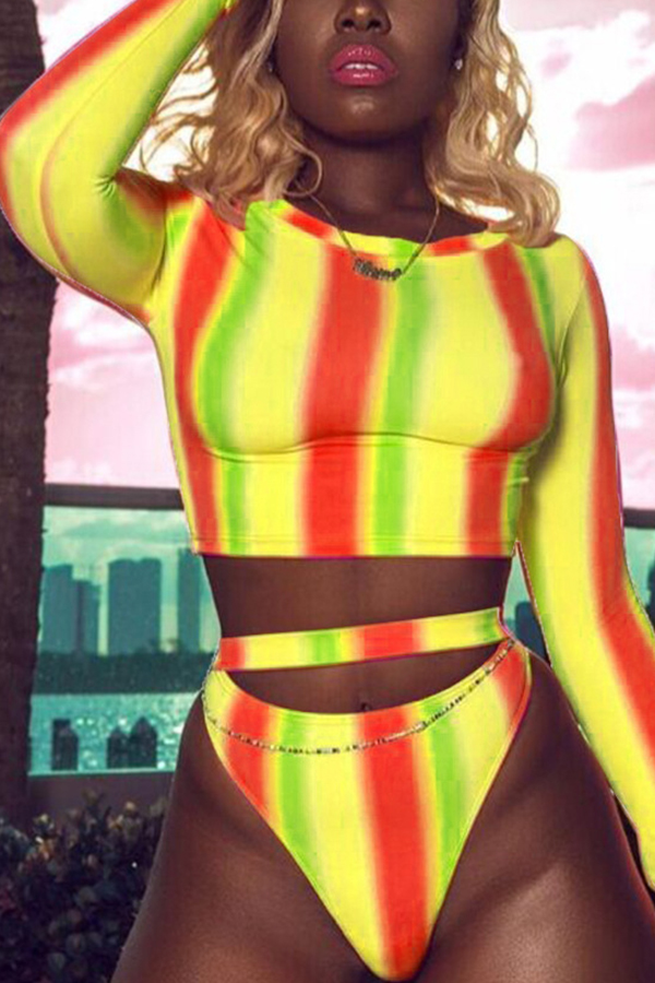 

Lovely Pretty Round Neck Long Sleeves Striped Yellow Polyester Two-piece Swimwears
