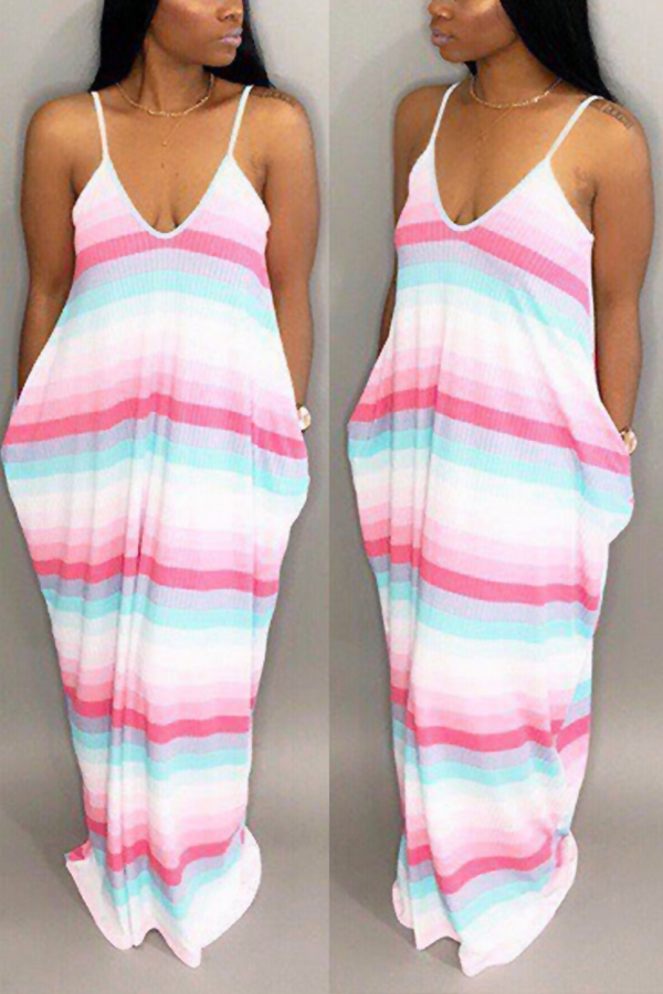 

Lovely Casual V Neck Striped Pink Blending Floor Length Dress