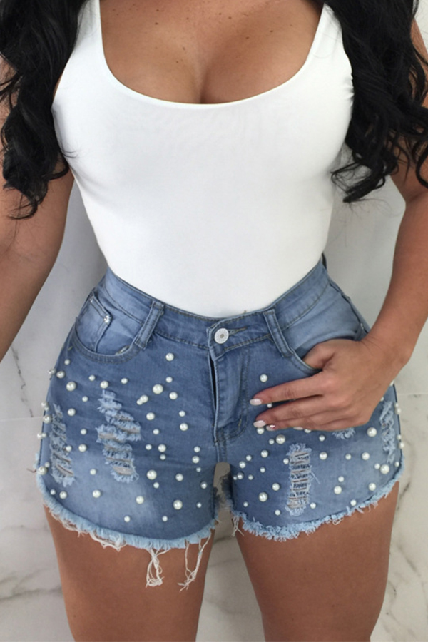 

Lovely Fashion High Waist Nailed Pearl Blue Denim Zipped Shorts