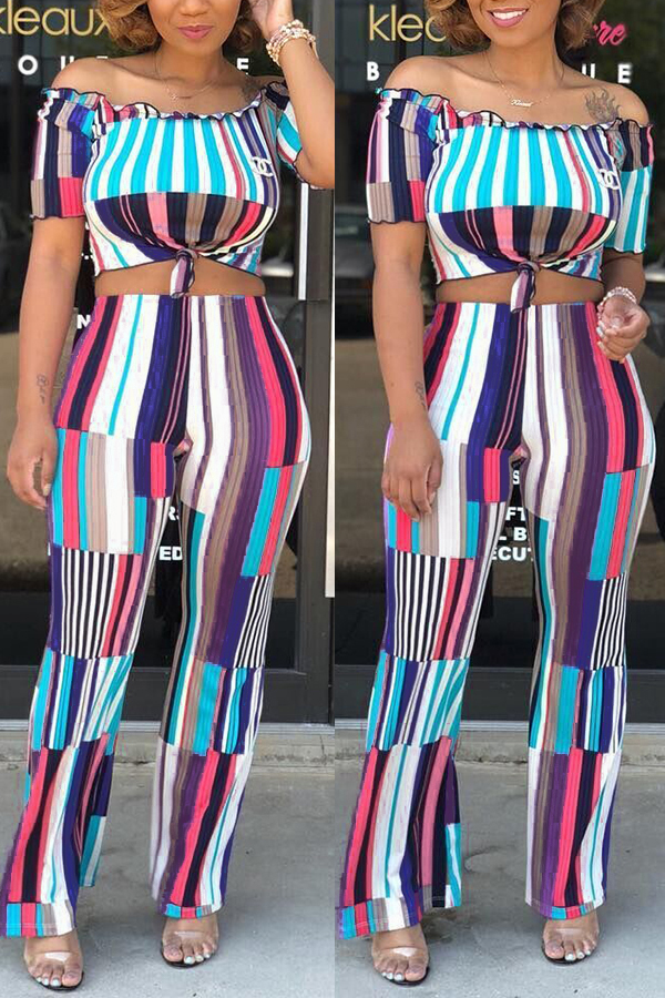 

LovelyChic Bateau Neck Striped Blue Knitting Two-piece Pants Set