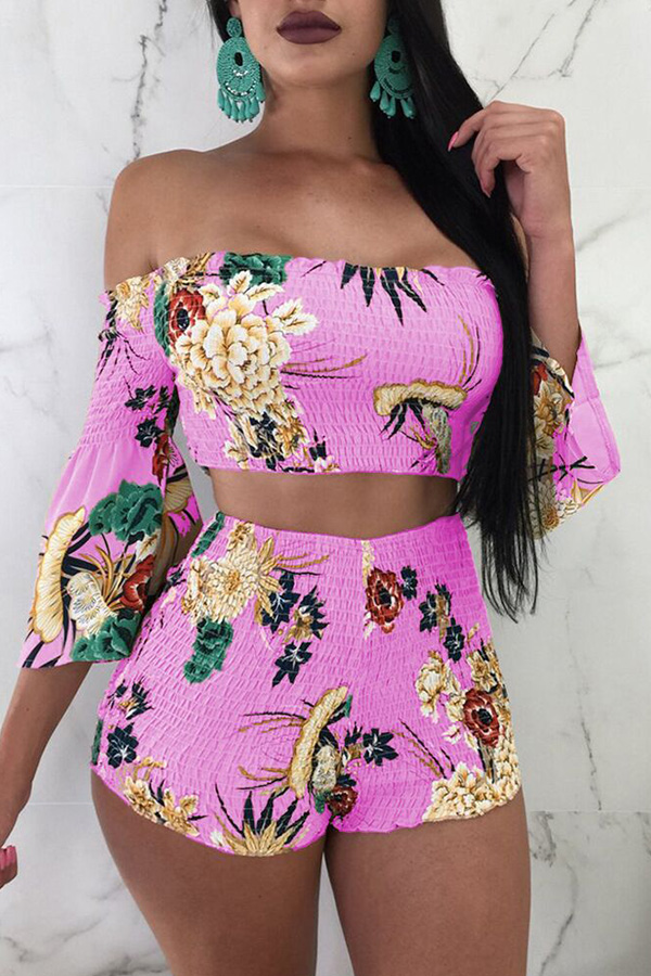 

LovelyEuramerican Printed Pink Elastic Fabric Two-piece Shorts Set