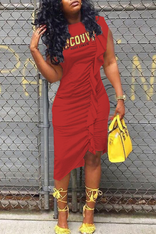 

LovelyCasual Round Neck Letters Printed Ruffle Red Cotton Knee Length Dress