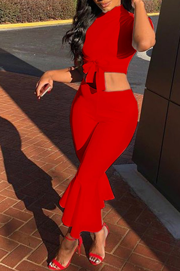 

LovelyEuramerican Round Neck Red Twilled Satin Two-piece Pants Set