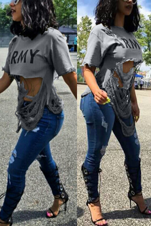 

Lovely Sexy Printed Hollow-out Army Green Cotton Blends Shirts