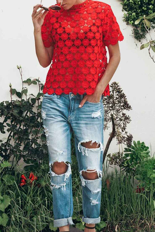 

Lovely Pretty Round Neck Lace Hollow Red Cotton Blends T-shirt