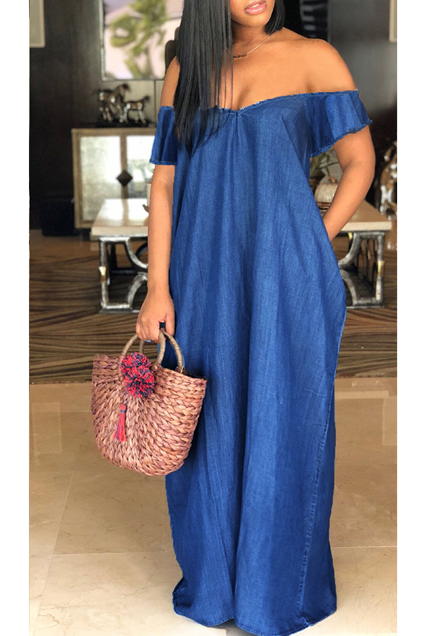 

Lovely Casual Bateau Neck Deep Blue Denim Floor Length Dress