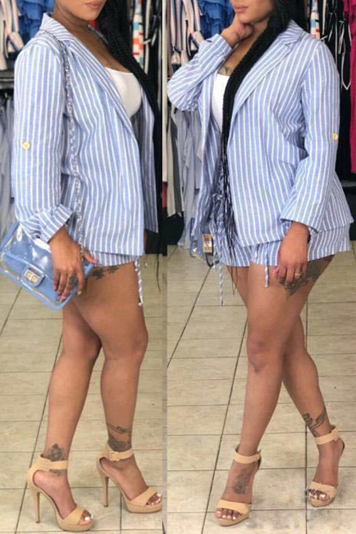 

Lovely Leisure Striped Blue Polyester Two-piece Shorts Set
