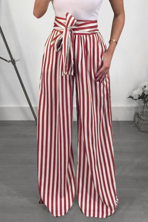 

Lovely Trendy High Waist Striped Red Polyester Pants