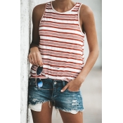 Lovely Casual Round Neck Red Striped Blending Tank