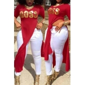 Lovely Casual Round Neck Gold Stamping Letter Side