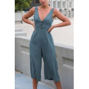 Lovely Chic V Neck Buttons Blue Cotton Blends One-