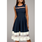 Lovely Fashion Round Neck Net Yarn Splicing Dark B