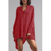 Lovely Casual Long Sleeve Striped Wine Red Polyest