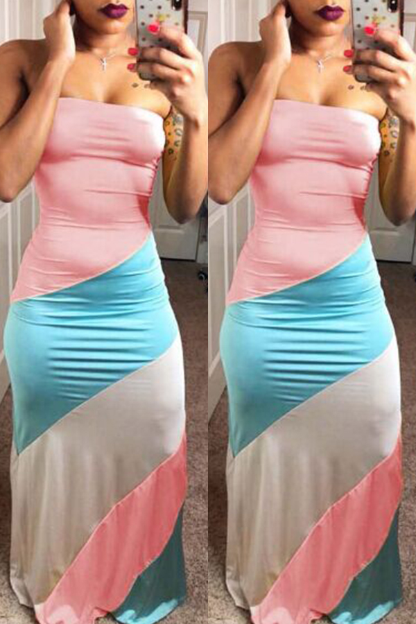 

LovelyFashion Bateau Neck Patchwork Pink Polyester Floor Length Dress