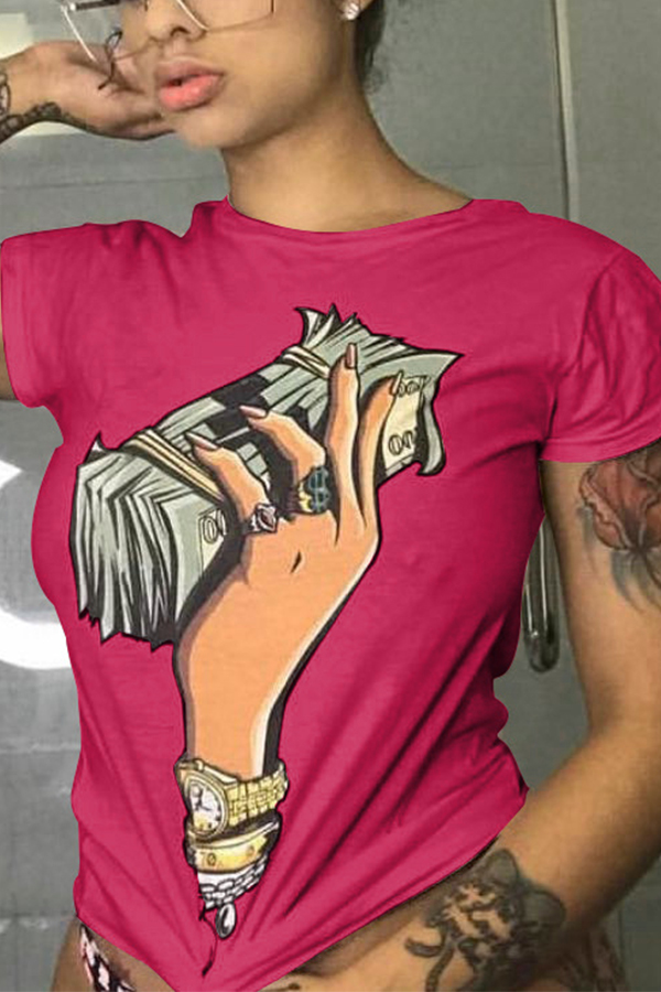 

LovelyCasual Round Neck Cartoon Printed Rose Red Polyester T-shirt