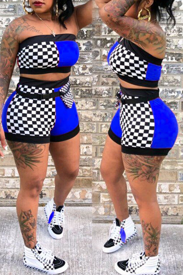 

Lovely Casual Printed Patchwork Blue Blending Two-piece Shorts Set