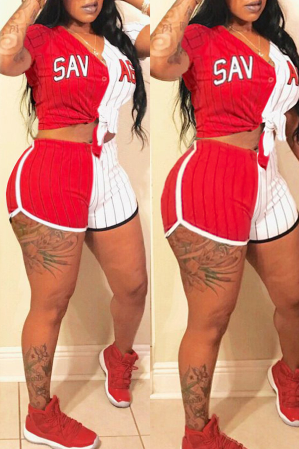 

Lovely Casual V Neck Printed Red+White Two-piece Shorts Set