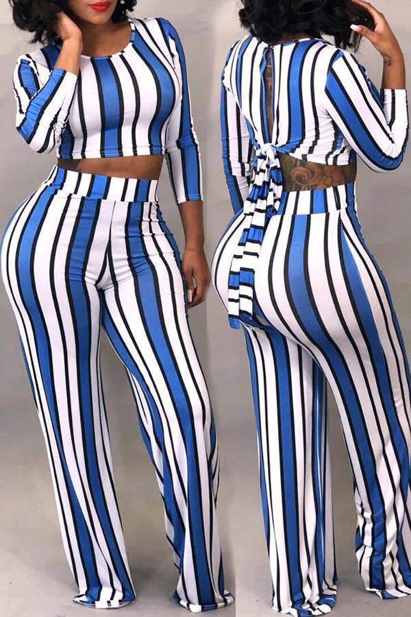 

Lovely Trendy Striped Blue Two-piece Pants Set
