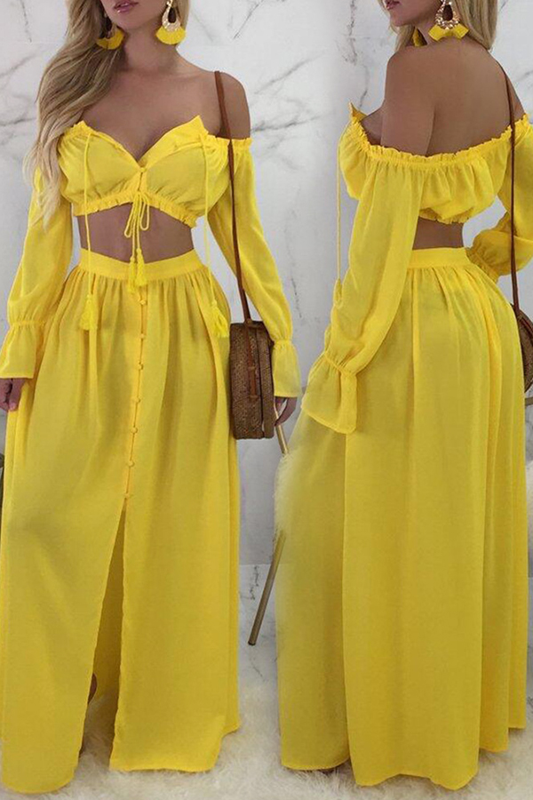 

Lovely Sexy Dew Shoulder Yellow Chiffon Two-piece Skirt Set