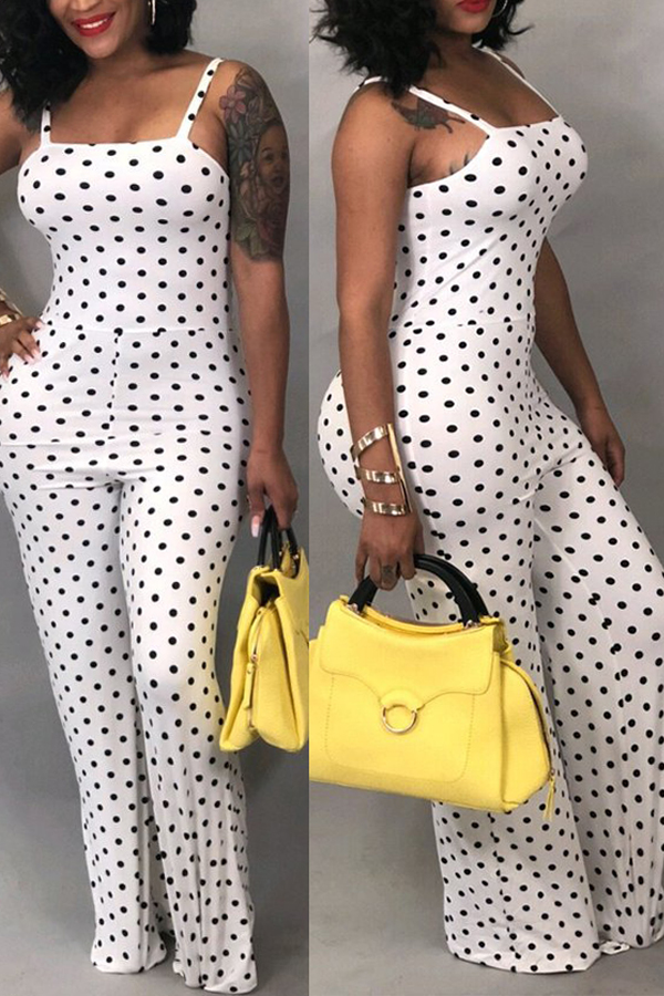 

LovelyFashion Polka Dot Printed White One-piece Jumpsuits