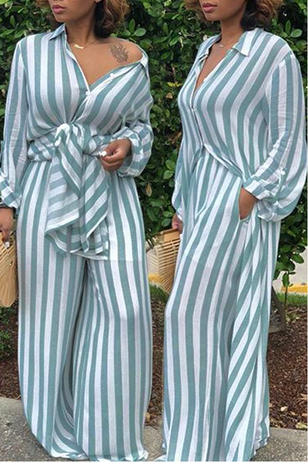 

LovelyEuramerican Striped Blue Loose Two-piece Pants Set