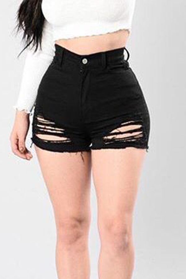 Lovely Euramerican Broken Holes Black Denim Shorts_Shorts_Bottoms ...