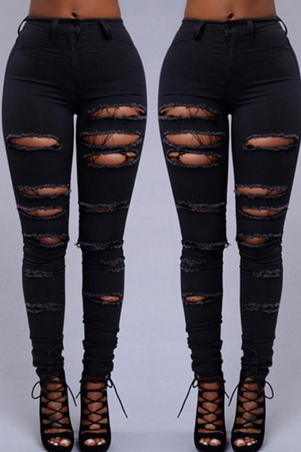 

Lovely Euramerican Broken Holes Black Pants