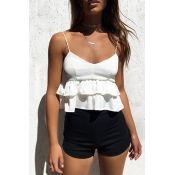 Lovely Sexy V Neck Layered Flounce White Cotton Ta