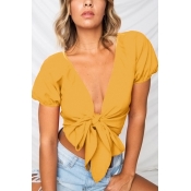 Lovely Casual V Neck Bandage Yellow Shirts