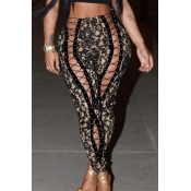 Lovely Trendy High Waist Lace-up Printing Black Pa