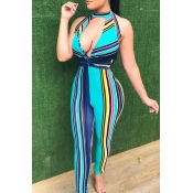 Lovely Casual Halter Neck Striped Blue Cotton Blen