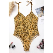 Lovely Leopard Print Yellow Nylon One-piece Swimwe