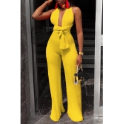 Lovely Sexy Deep V Neck Yellow One-piece Jumpsuits