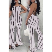 LovelySexy Striped Backless White Polyester One-pi
