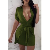 Lovely Sexy Deep V Neck Army Green Mini Dress