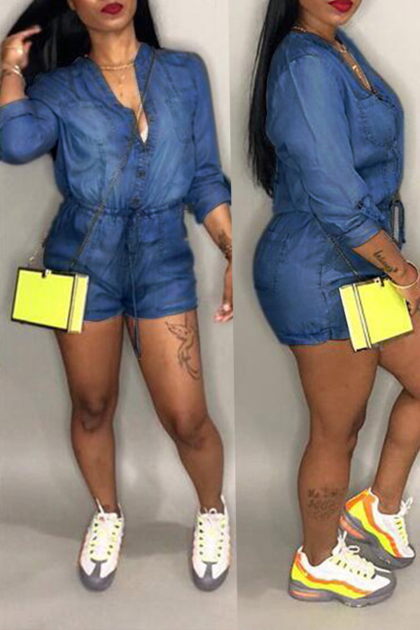 

Lovely Casual V Neck Drawstring Deep Blue Denim One-piece Romper