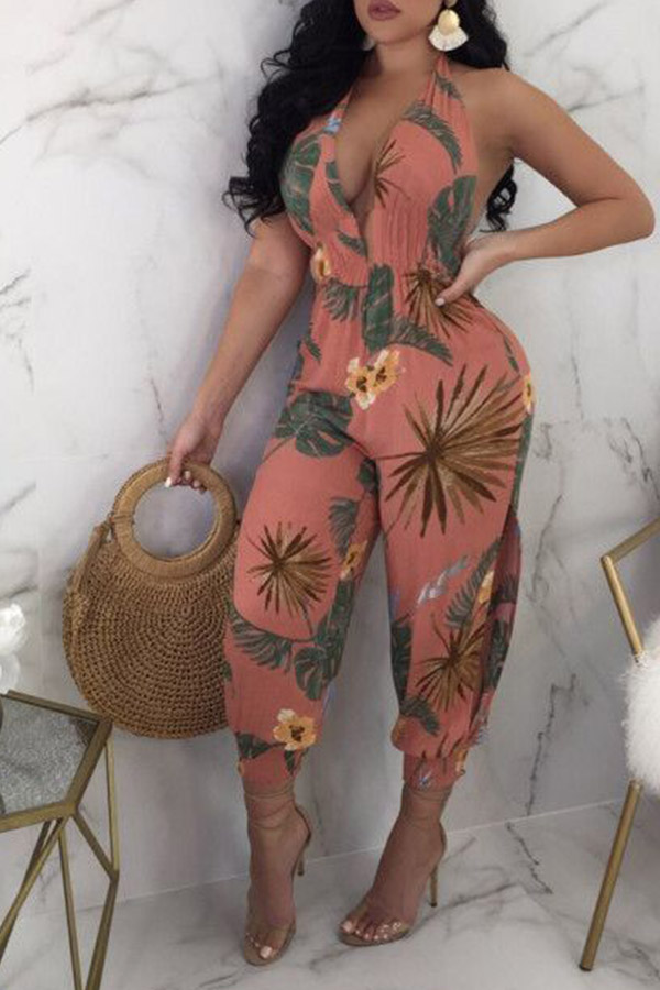 

Lovely Casual Halter Neck Printed Pink One-piece Jumpsuit