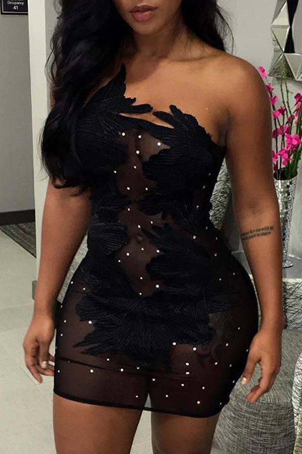 LovelySexy Strapless See-Through Bead Decoration Black Polyester Mini Dress