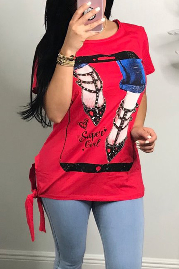 

Lovely Casual Printed Red Twilled Satin T-shirt