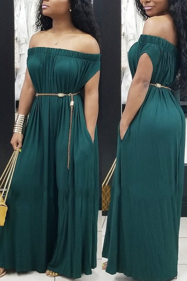 Lovely Euramerican Dew Shoulder Green One-piece Jumpsuit