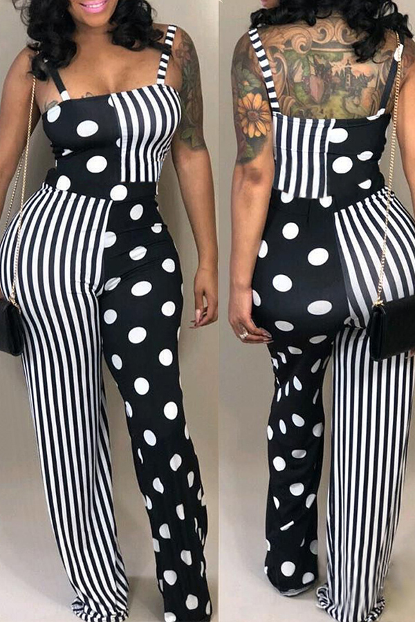

Lovely Casual Dots Printed Striped Black One-piece Jumpsuit