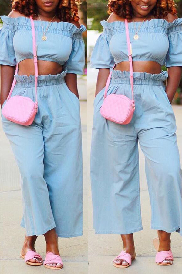 

Lovely Fashion Dew Shoulder Flounces Design Baby Blue Two-piece Pants Set