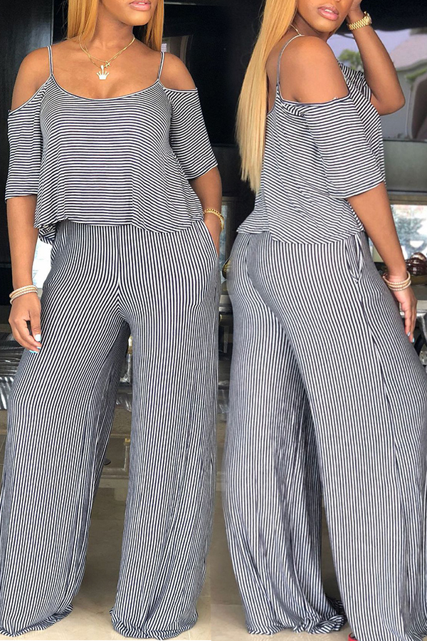 

Lovely Casual Striped Loose Grey Cotton One-piece Jumpsuit